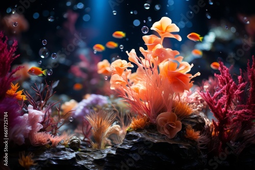 Fototapeta Naklejka Na Ścianę i Meble -  These are inhabitants of coral reefs (a flock of golden antias) in aquarium.
