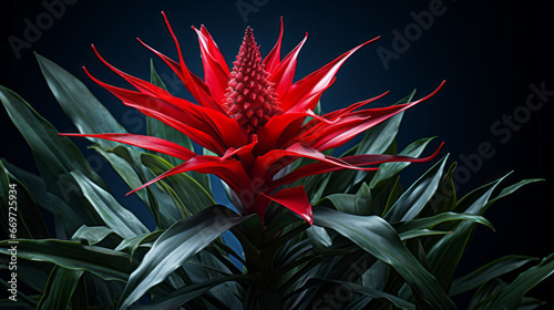 An exotic tropical shrub with broad, bright green leaves and a single red flower photo