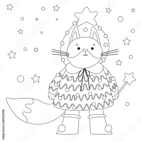 Winter coloring page. Cute fox in Christmas tree costume with Christmas star. Coloring page for coloring book. Cartoon vector illustration.