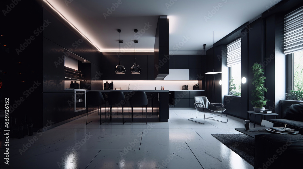 Minimalist interior design. Black and white living room and modern luxury kitchen with glass. Natural lighting, Incandescent lamps, Optical fiber. Beautiful accent lighting. Copyspace. Generative AI Minimalist interior design. Black and white living room and modern luxury kitchen with glass. Natural lighting, Incandescent lamps, Optical fiber. Beautiful accent lighting. Copyspace. Generative AI
