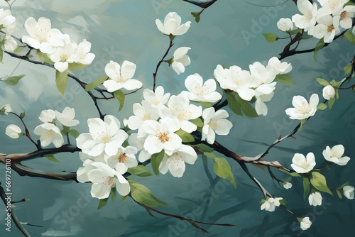 blooming white flowers on branches. Generative AI