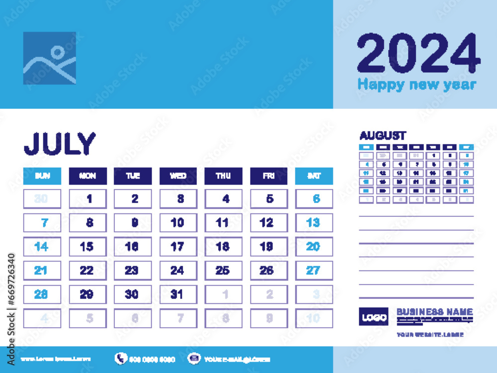 July 2024 year, Calendar planner 2024 and Set of 12 Months, week start on Sunday. Desk calendar 2024 design, simple, Wall calendar, Corporate design planner template vector, blue background July 2024 year, Calendar planner 2024 and Set of 12 Months, week start on Sunday. Desk calendar 2024 design, simple, Wall calendar, Corporate design planner template vector, blue background