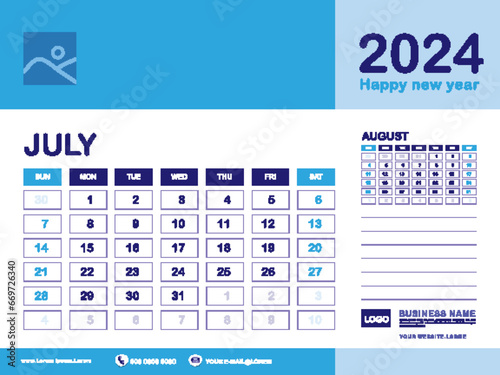 July 2024 year, Calendar planner 2024 and Set of 12 Months, week start on Sunday. Desk calendar 2024 design, simple, Wall calendar, Corporate design planner template vector, blue background