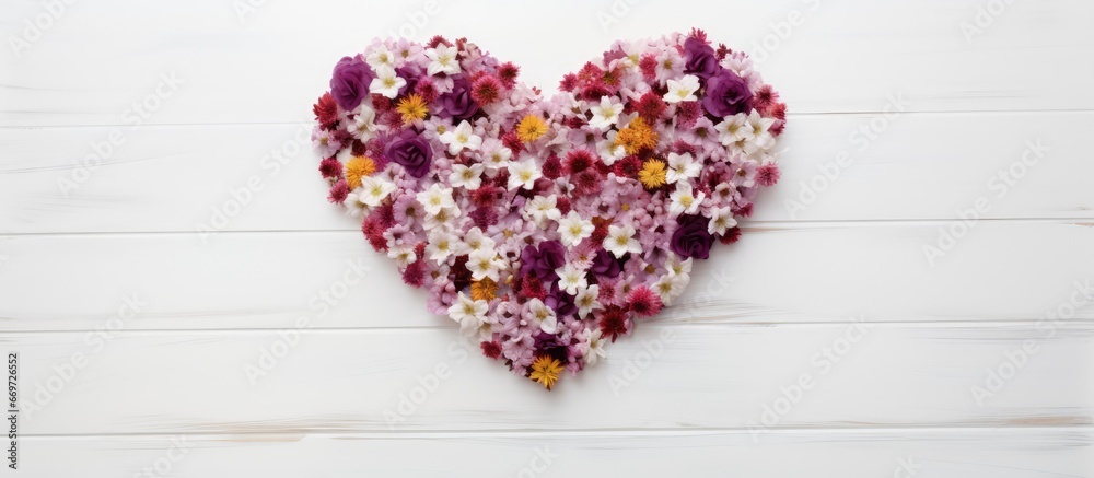 Floral heart on white wood background