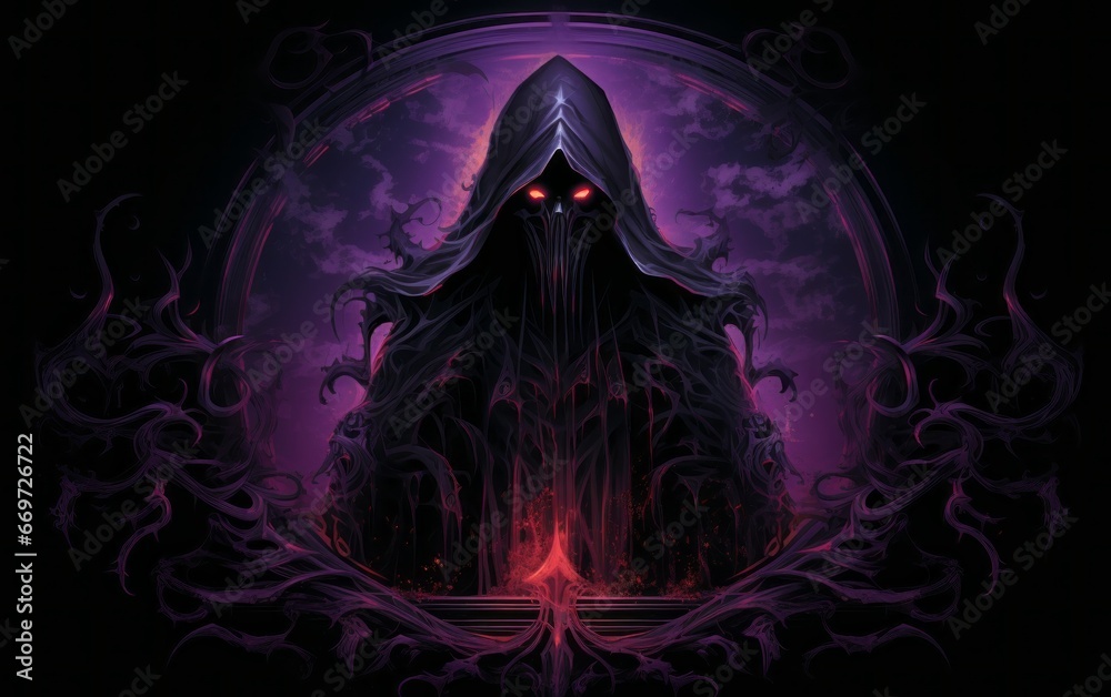 wraith spettro nero accolito incappucciato sfondo dark viola rosso fumo fiamme - obrazy, fototapety, plakaty 
