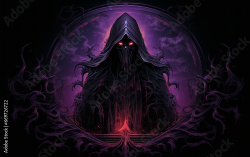 wraith spettro nero accolito incappucciato sfondo dark viola rosso fumo fiamme photo