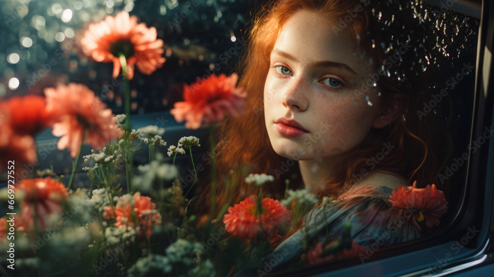 A young girl with long hair is sitting in a car surrounded by flowers.