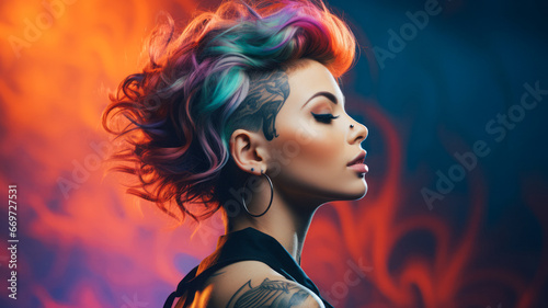 Profile of a young, modern girl with a short, colorful haircut. Urban hipster girl. Colorful background photo