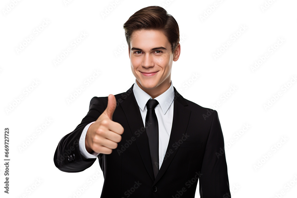 Cool looking young businessman thumbs up in black suit and tie isolated on white background. Cool looking young businessman thumbs up in black suit and tie isolated on white background.