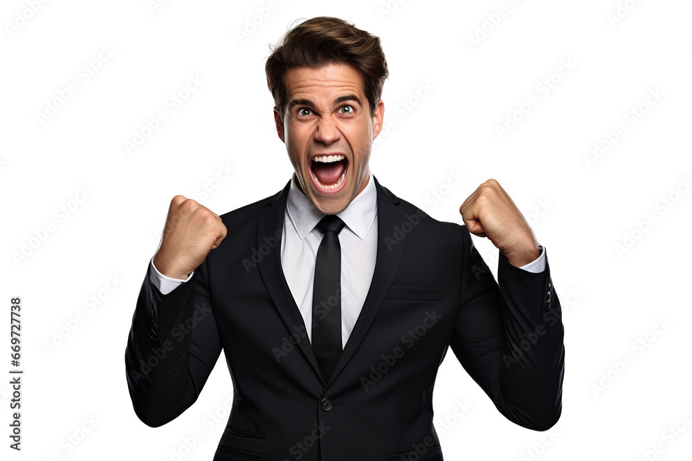 Cool looking young businessman raising his fists in success and joy isolated on white background. Cool looking young businessman raising his fists in success and joy isolated on white background.