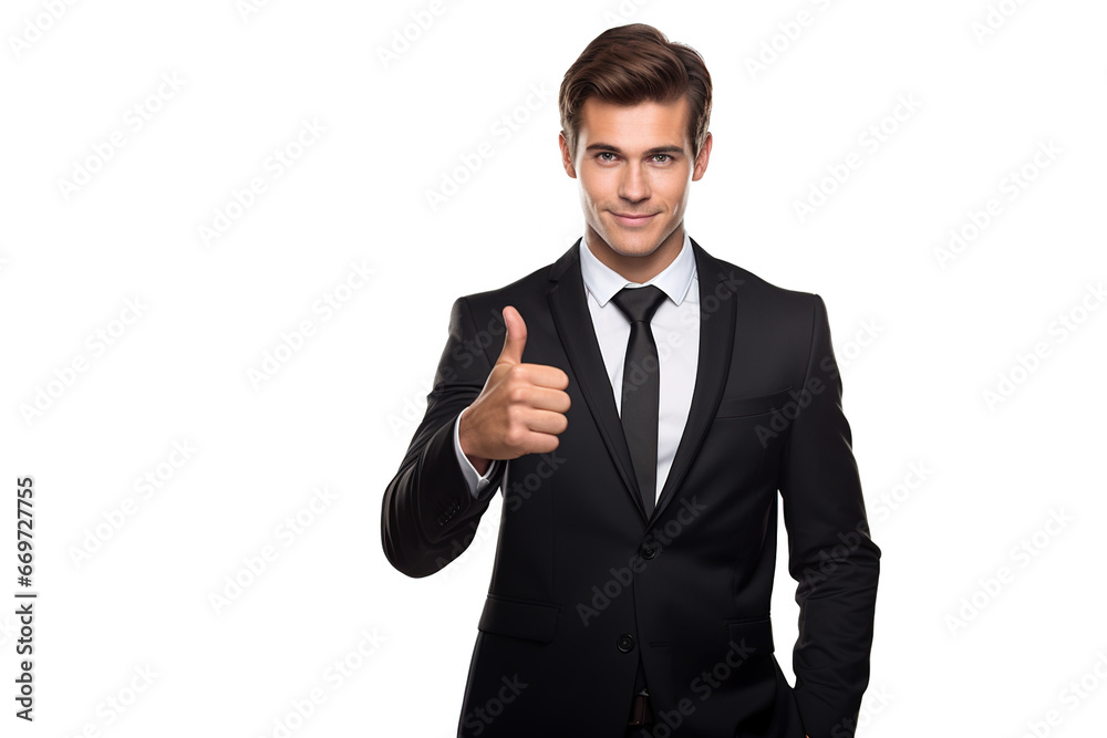 Cool looking young businessman thumbs up in black suit and tie isolated on white background. Cool looking young businessman thumbs up in black suit and tie isolated on white background.