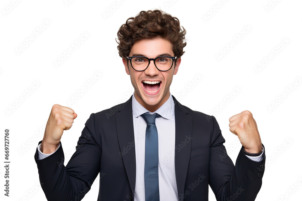 Cool looking young businessman raising his fists in success and joy isolated on white background. Cool looking young businessman raising his fists in success and joy isolated on white background.