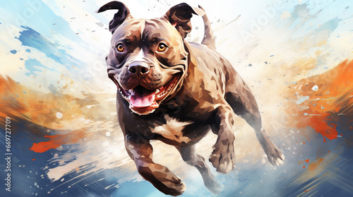Cool looking american pitbull terrier dog running in abstract mixed grunge colors illustration. © Tepsarit