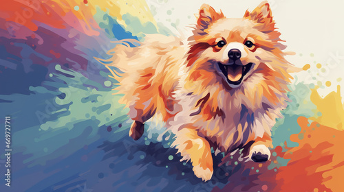 Cool looking pomeranian dog running in abstract mixed grunge colors illustration. © Tepsarit
