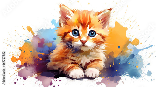 Cute orange kitten in abstract mixed grunge colors illustration. © Tepsarit
