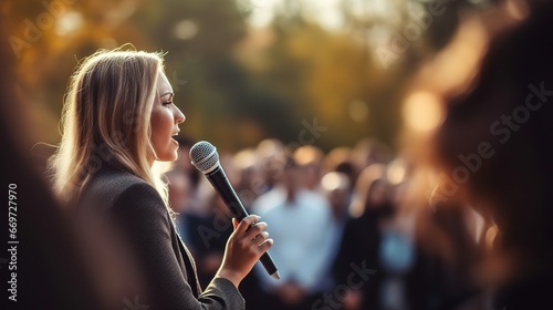A speaker woman leader standing make a speech in front of microphone and audiences on stage outside in public