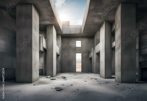 interior of a abandoned ruined concrete industrial brutalist building in desert landscape