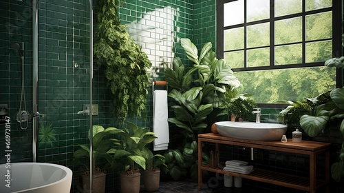 Bright bathroom with subway tile and a variety of dark green plants of deep forest style