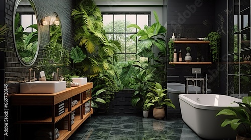 Bright bathroom with subway tile and a variety of dark green plants of deep forest style
