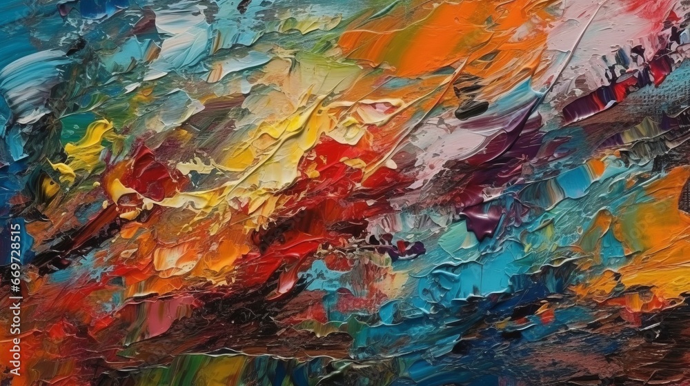 Closeup of abstract rough colourful colours painting texture, with oil brushstroke, pallet knife paint on canvas - Art background illustration. Art concept.