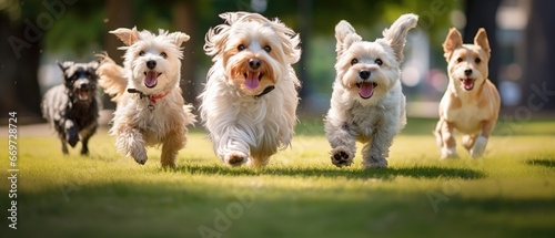 Cute funny dogs group running and playing on green grass in park © DZMITRY