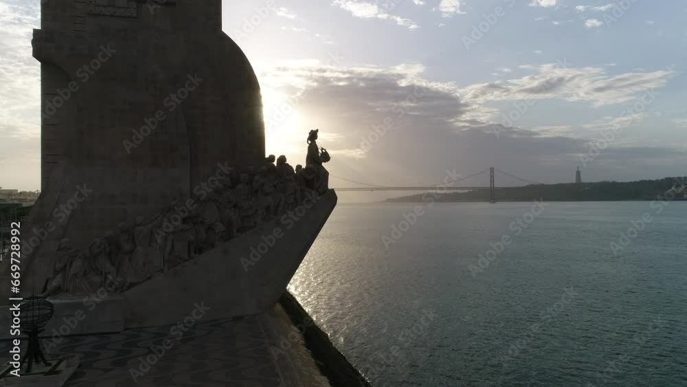 Aerial video of Padrao dos Descobrimentos at Sunrise Lisbon Portugal