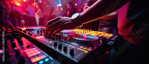hand of female dj control on a mixer table in a disco club