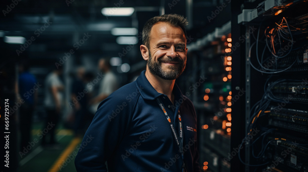 A friendly IT technician in a server room, managing and troubleshooting network equipment