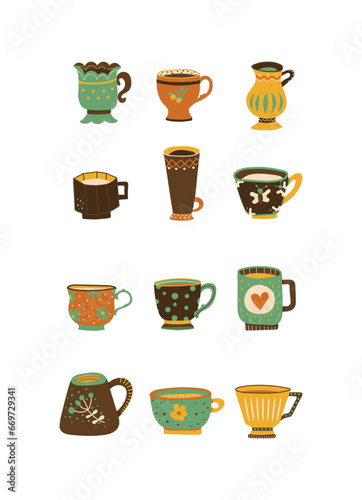 Set of bright beautiful mugs in a retro style on a white background. Tea drinking. Beverages. Design element. Beautiful glassware for drinks. Vector illustration. Flat design. © Alena