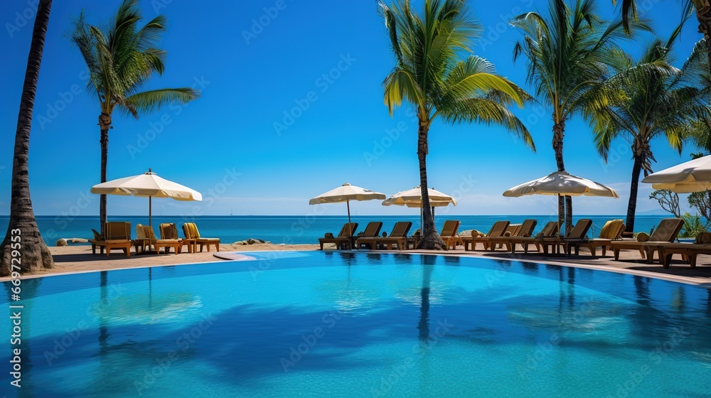 Luxurious swimming pool and loungers umbrellas near beach and sea with palm trees and blue sky