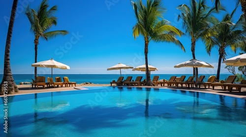 Luxurious swimming pool and loungers umbrellas near beach and sea with palm trees and blue sky © DZMITRY