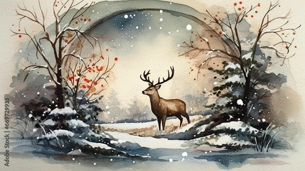 An AI illustration of an image of a deer with big antlers in a snowy woods An AI illustration of an image of a deer with big antlers in a snowy woods