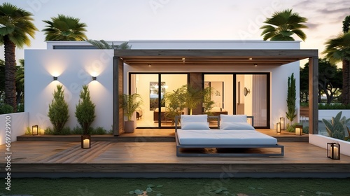 modern villa with open plan living and private bedroom wing with small terrace for relaxation