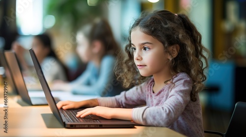 portrait kid girl learn to code with soft blurred friend in a computer lab, coding classroom