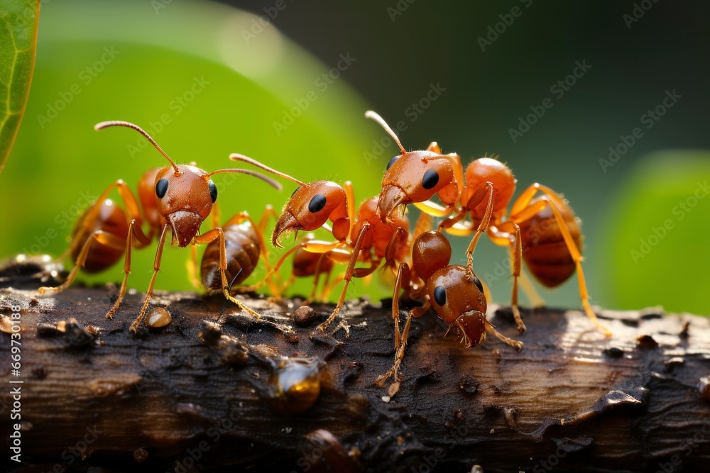 A group of ants working together to transport a leaf, taken in extreme close-up.