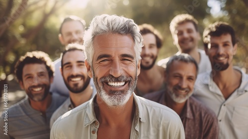 Portrait of happy mature men with blurred group people outdoor © DZMITRY