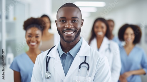 Smiling African doctor in unifrom standing with blurred staff people background in a hospital