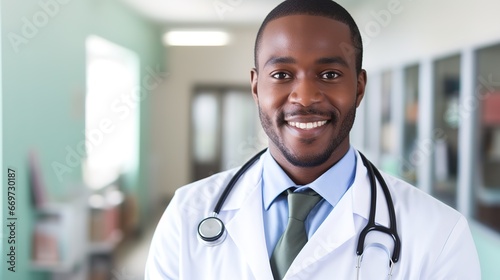 Smiling African doctor in unifrom standing with blurred staff people background in a hospital