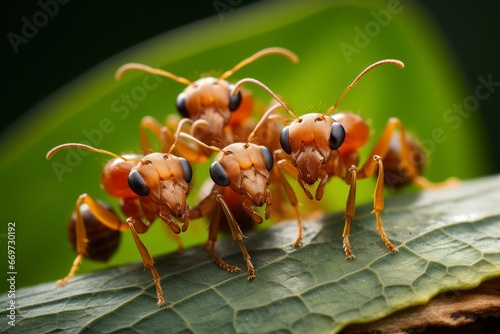 A group of ants working together to transport a leaf, taken in extreme close-up. © Hunman