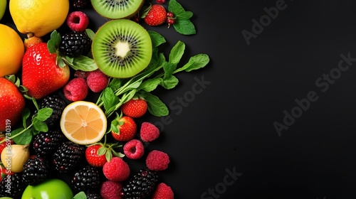 top view of fresh fruits  vegetables and berries on black background