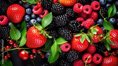 top view of fresh fruits, vegetables and berries on black background © DZMITRY
