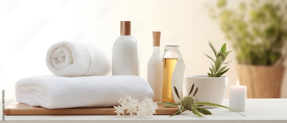 Towels with herbal bags and beauty treatment items setting in spa center in white room