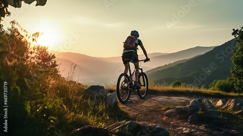 Young woman riding bicycle on beautiful mountain trail in morning, cyclist on sports bike