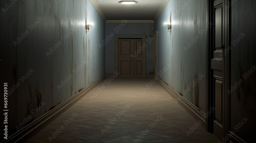 An eerie hallway with dim lighting and a solitary door at the end