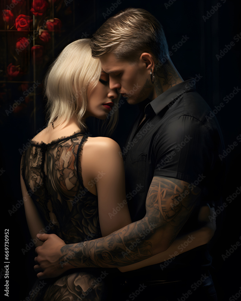 Dark Gothic Couple with tattoos on black background Dark Gothic Couple with tattoos on black background
