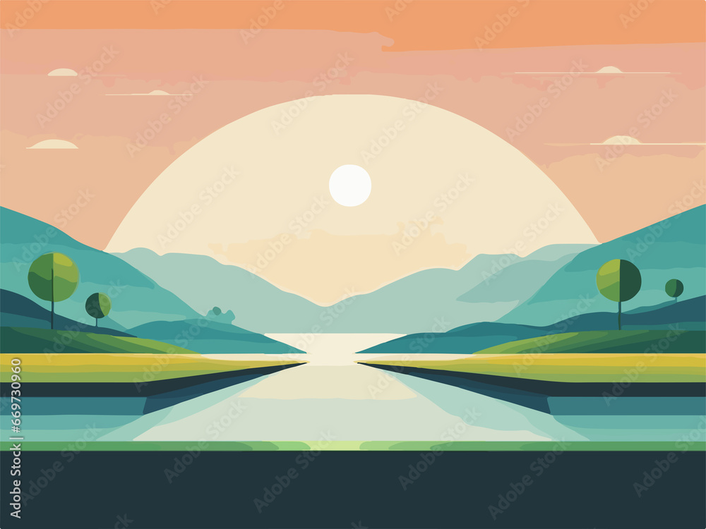 landscape with hills and mountains art illustration , vector design , minimalist , 