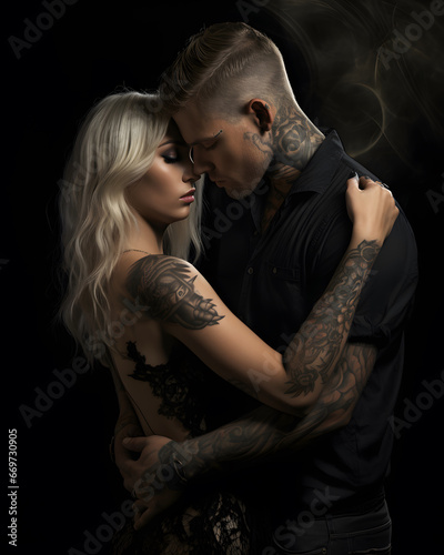 Dark Gothic Couple with tattoos on black background