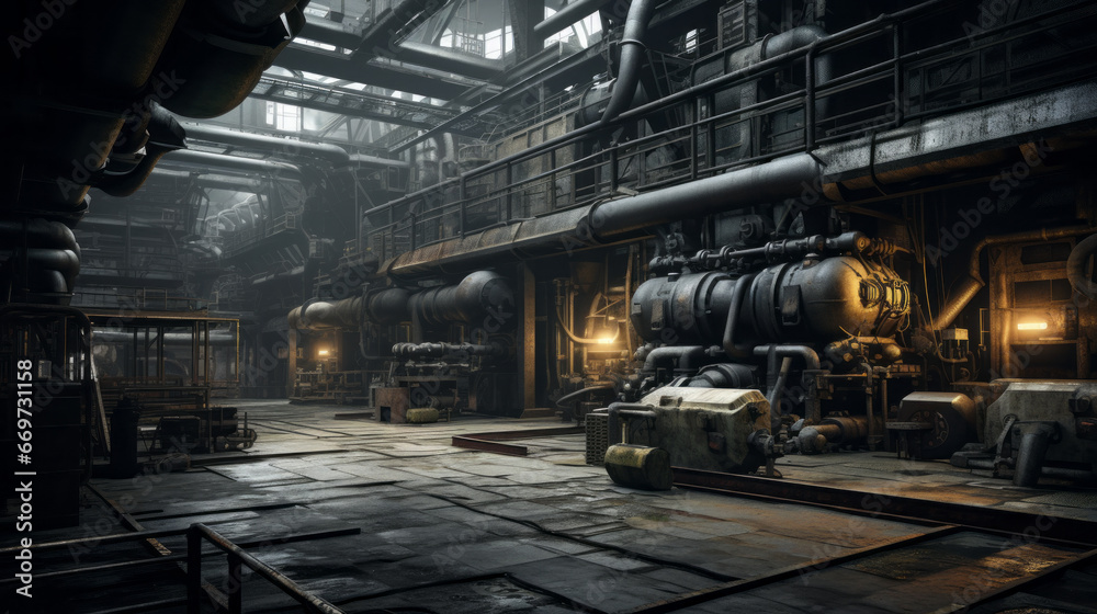 Fototapeta premium An eerie factory with broken machinery and a thick layer of dust
