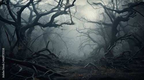 An eerie, dark forest with twisted branches and a strange mist in the air