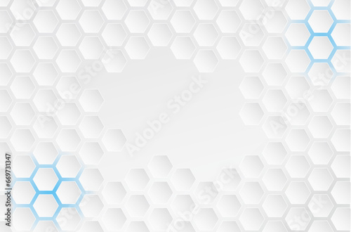 Bright white geometric honeycomb vector background, hexagon shapes with gray gradient, bright blue light in the corners and space for text